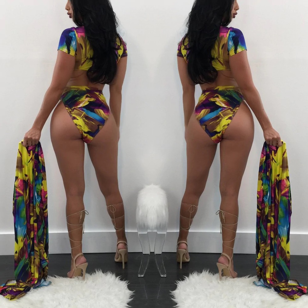 TROPICAL COLORED SWIMSUITS SPLIT 3 PIECE SWIMSUIT